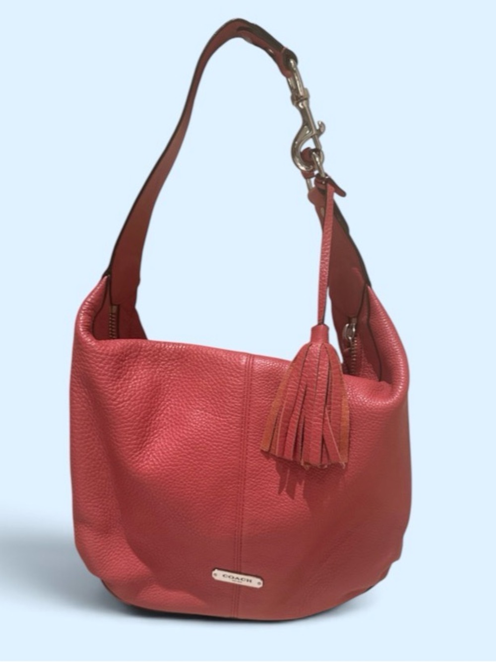 Coach Coral-Red Pebbled Leather Hobo with Tassel